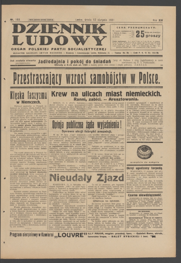Dziennik Ludowy&nbsp;: organ Polskiej Partji Socjalistycznej. Rok&nbsp;14, 1931, numer&nbsp;183
