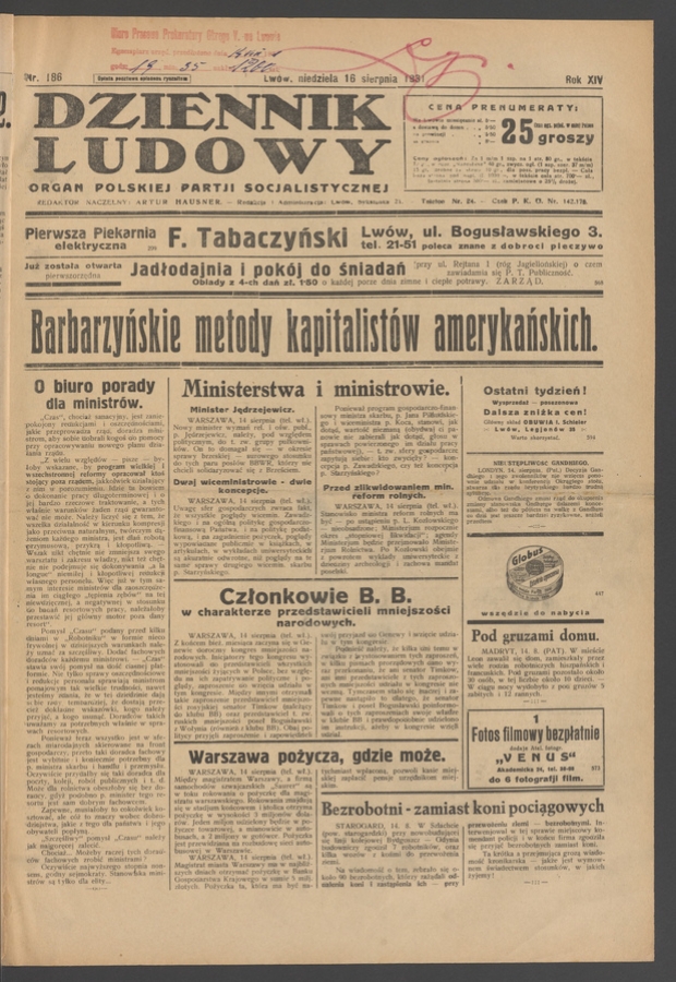 Dziennik Ludowy&nbsp;: organ Polskiej Partji Socjalistycznej. Rok&nbsp;14, 1931, numer&nbsp;186