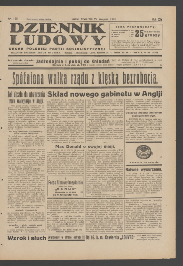 Dziennik Ludowy&nbsp;: organ Polskiej Partji Socjalistycznej. Rok&nbsp;14, 1931, numer&nbsp;195