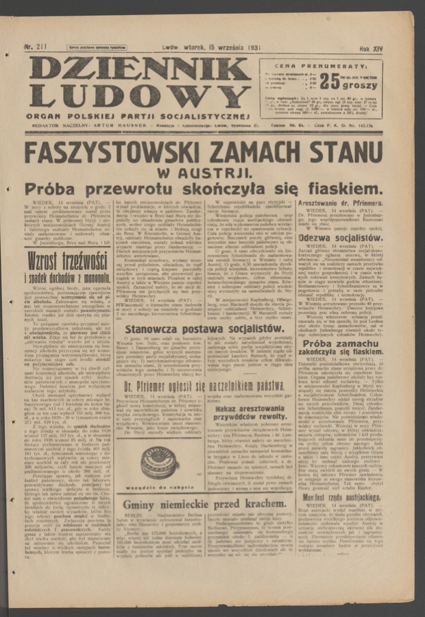 Dziennik Ludowy&nbsp;: organ Polskiej Partji Socjalistycznej. Rok&nbsp;14, 1931, numer&nbsp;211