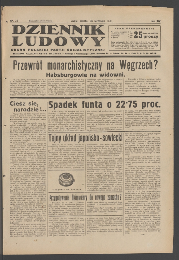 Dziennik Ludowy&nbsp;: organ Polskiej Partji Socjalistycznej. Rok&nbsp;14, 1931, numer&nbsp;221