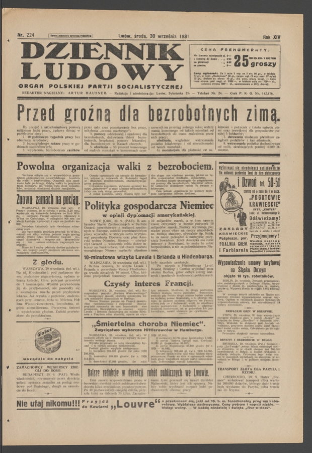 Dziennik Ludowy&nbsp;: organ Polskiej Partji Socjalistycznej. Rok&nbsp;14, 1931, numer&nbsp;224