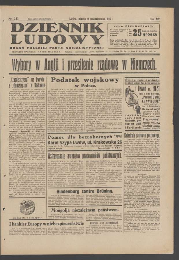 Dziennik Ludowy&nbsp;: organ Polskiej Partji Socjalistycznej. Rok&nbsp;14, 1931, numer&nbsp;232