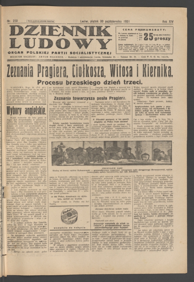 Dziennik Ludowy&nbsp;: organ Polskiej Partji Socjalistycznej. Rok&nbsp;14, 1931, numer&nbsp;250