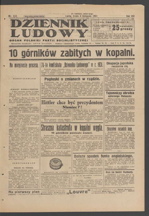 Dziennik Ludowy&nbsp;: organ Polskiej Partji Socjalistycznej. Rok&nbsp;14, 1931, numer&nbsp;253 (po&nbsp;konfiskacie nakład drugi)