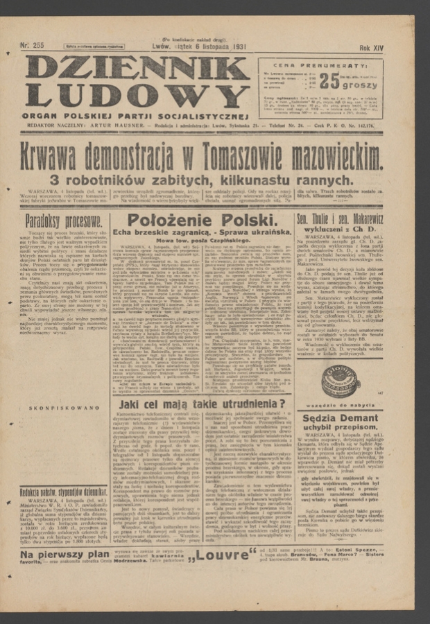 Dziennik Ludowy&nbsp;: organ Polskiej Partji Socjalistycznej. Rok&nbsp;14, 1931, numer&nbsp;255 (po&nbsp;konfiskacie nakład drugi)