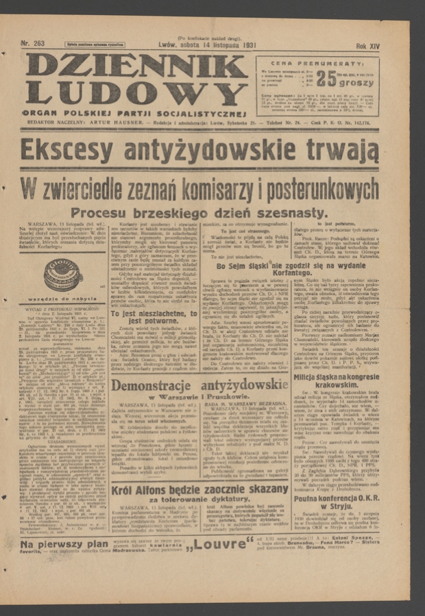 Dziennik Ludowy&nbsp;: organ Polskiej Partji Socjalistycznej. Rok&nbsp;14, 1931, numer&nbsp;263 (po&nbsp;konfiskacie nakład drugi)