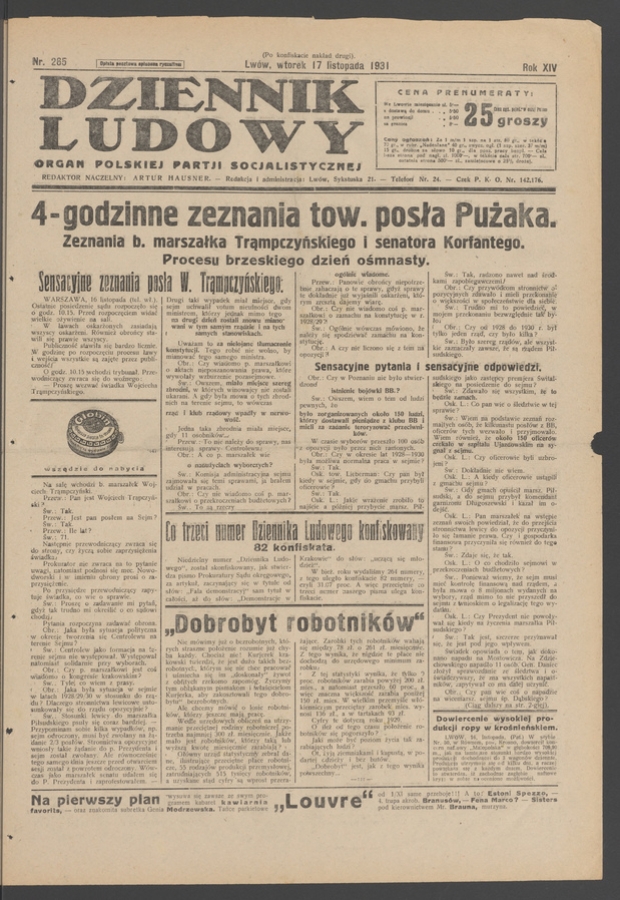 Dziennik Ludowy&nbsp;: organ Polskiej Partji Socjalistycznej. Rok&nbsp;14, 1931, numer&nbsp;265 (po&nbsp;konfiskacie nakład drugi)