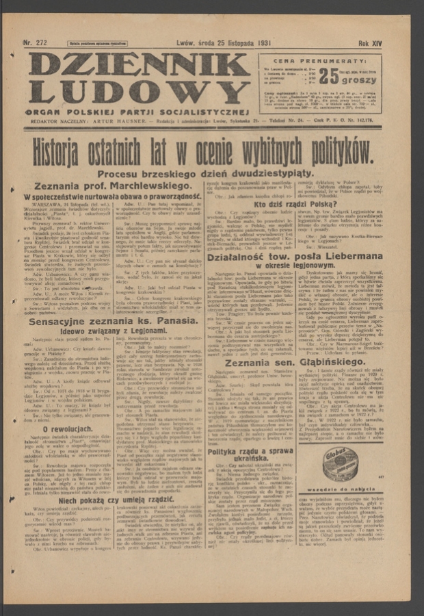 Dziennik Ludowy&nbsp;: organ Polskiej Partji Socjalistycznej. Rok&nbsp;14, 1931, numer&nbsp;272