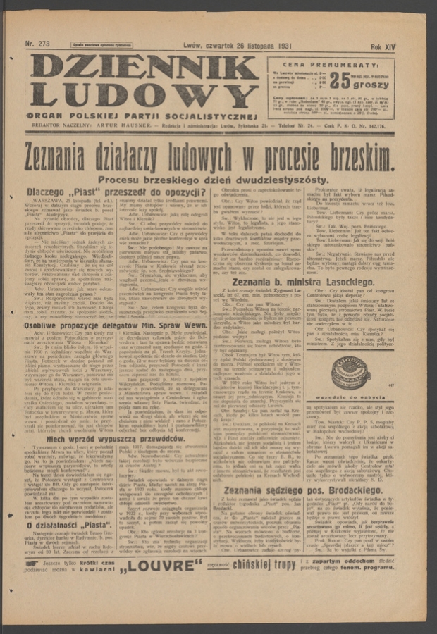Dziennik Ludowy&nbsp;: organ Polskiej Partji Socjalistycznej. Rok&nbsp;14, 1931, numer&nbsp;273