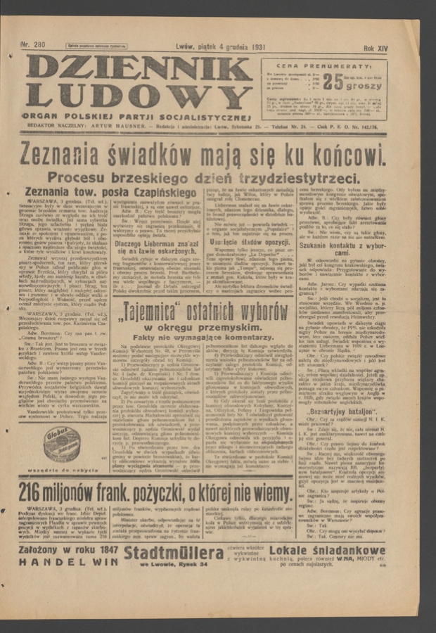 Dziennik Ludowy&nbsp;: organ Polskiej Partji Socjalistycznej. Rok&nbsp;14, 1931, numer&nbsp;280