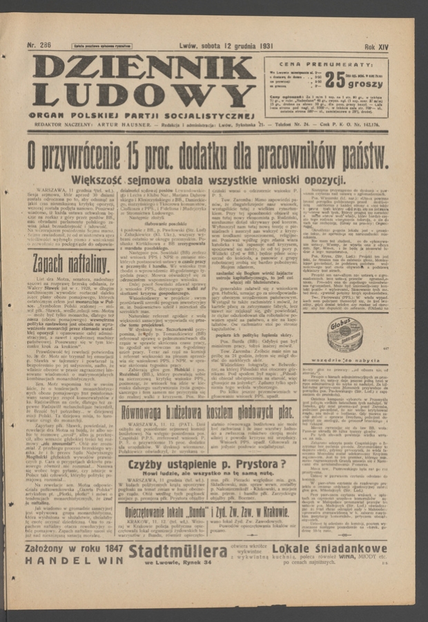 Dziennik Ludowy&nbsp;: organ Polskiej Partji Socjalistycznej. Rok&nbsp;14, 1931, numer&nbsp;286