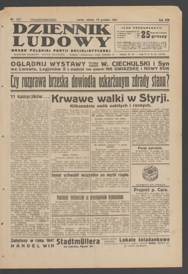 Dziennik Ludowy&nbsp;: organ Polskiej Partji Socjalistycznej. Rok&nbsp;14, 1931, numer&nbsp;292