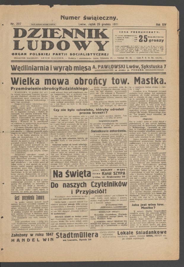 Dziennik Ludowy&nbsp;: organ Polskiej Partji Socjalistycznej. Rok&nbsp;14, 1931, numer&nbsp;297