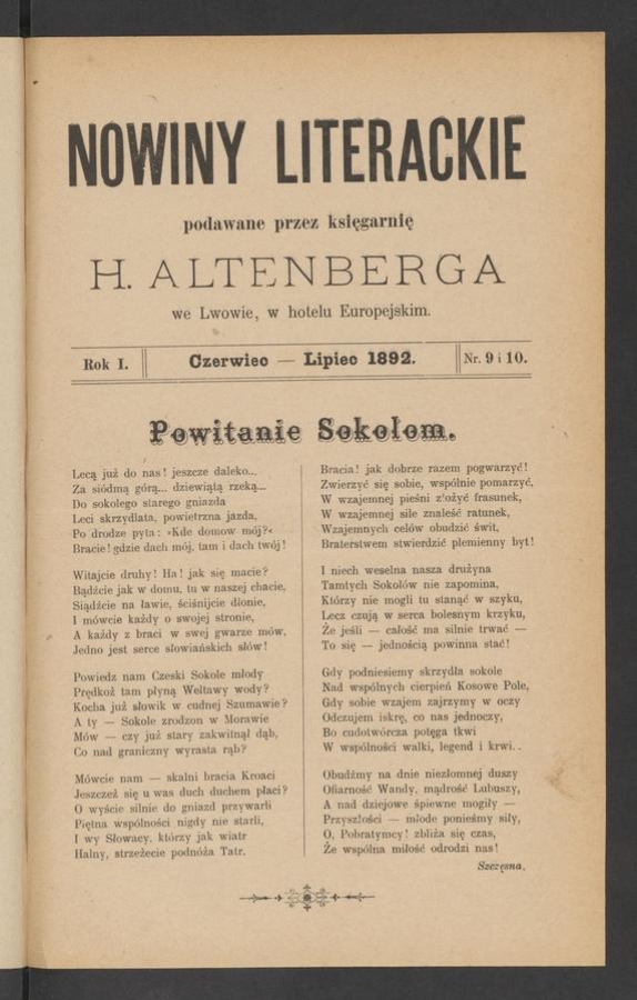 Nowiny Literackie&nbsp;: podawane przez Księgarnię H.&nbsp;Altenberga we&nbsp;Lwowie, w&nbsp;hotelu Europejskim. Rok&nbsp;1, 1892, numer&nbsp;9-10