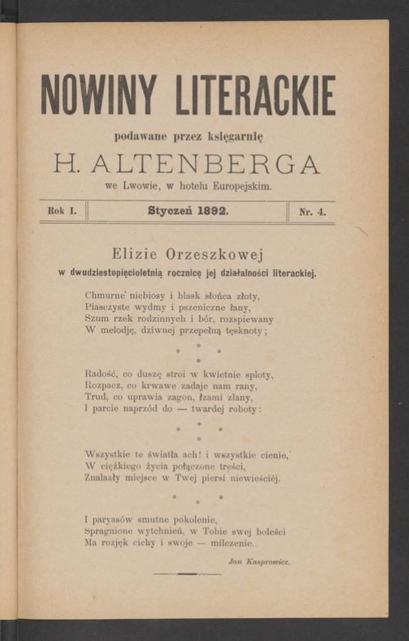 Nowiny Literackie&nbsp;: podawane przez Księgarnię H.&nbsp;Altenberga we&nbsp;Lwowie, w&nbsp;hotelu Europejskim. Rok&nbsp;1, 1892, numer&nbsp;4