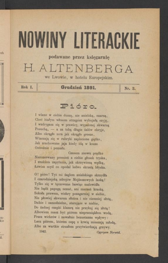 Nowiny Literackie&nbsp;: podawane przez Księgarnię H.&nbsp;Altenberga we&nbsp;Lwowie, w&nbsp;hotelu Europejskim. Rok&nbsp;1, 1891, numer&nbsp;3