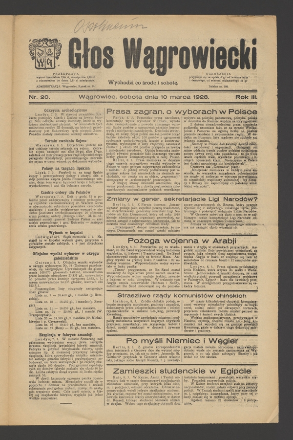 Głos Wągrowiecki. Rok 3, 1928, numer 20