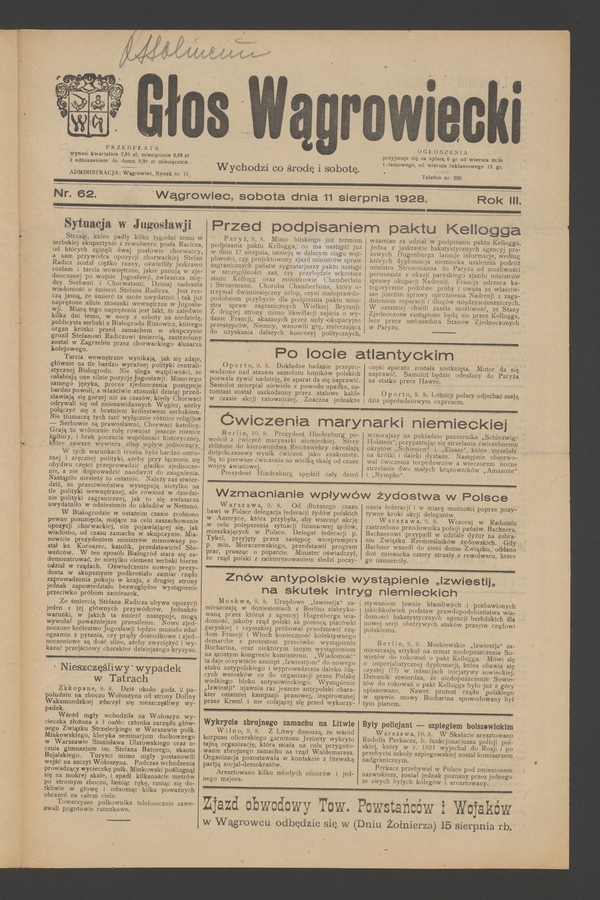 Głos Wągrowiecki. Rok 3, 1928, numer 62