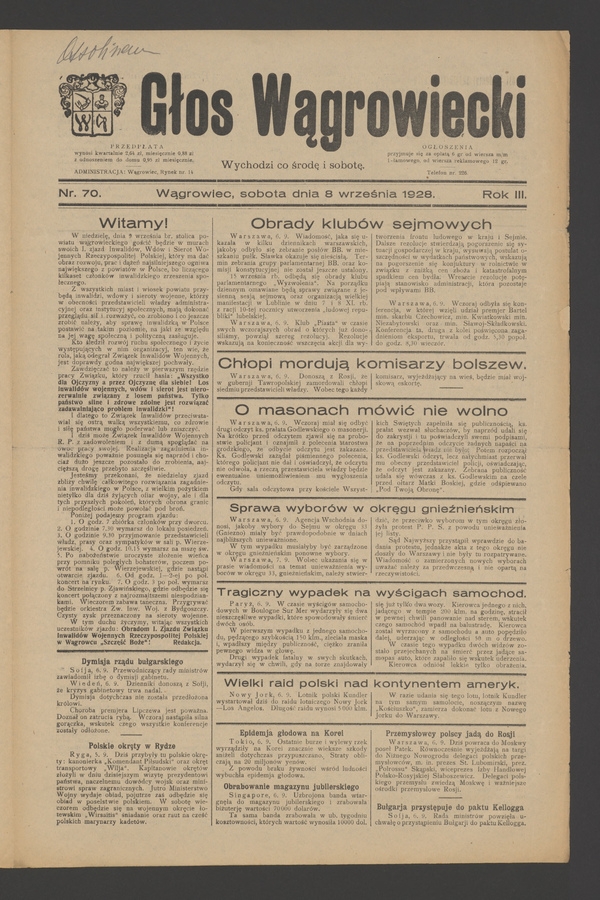 Głos Wągrowiecki. Rok 3, 1928, numer 70