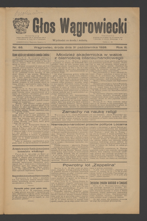 Głos Wągrowiecki. Rok 3, 1928, numer 85
