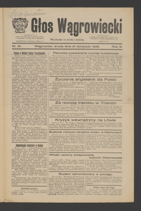 Głos Wągrowiecki. Rok 3, 1928, numer 91