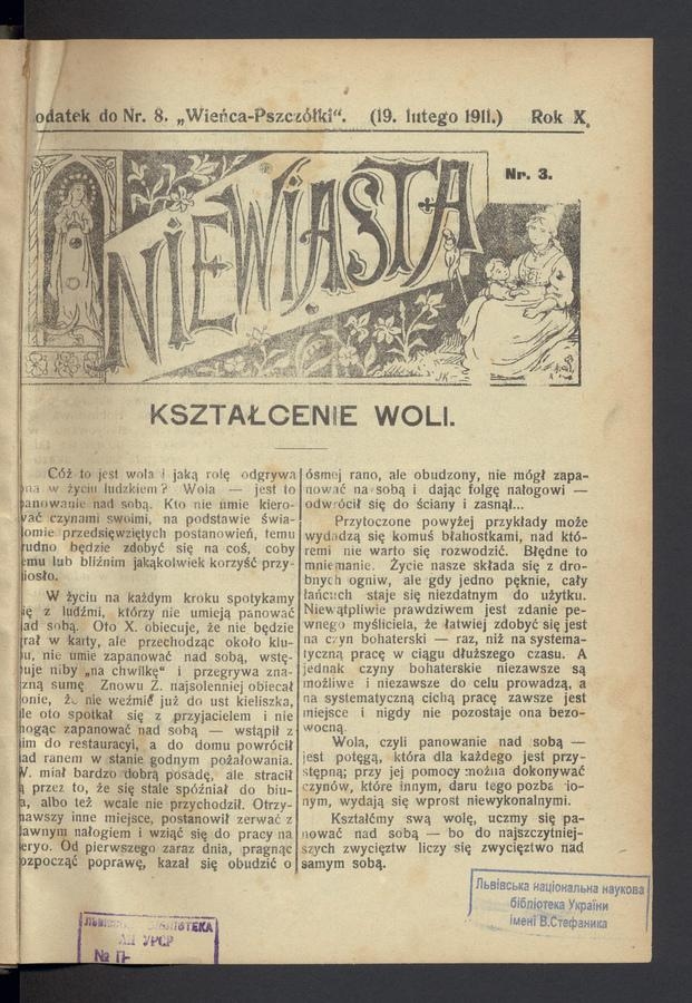 Niewiasta : dodatek do numeru&nbsp;8&nbsp;&bdquo;Wieńca-Pszcz&oacute;łki&rdquo;. Rok&nbsp;11, 1911, numer&nbsp;3