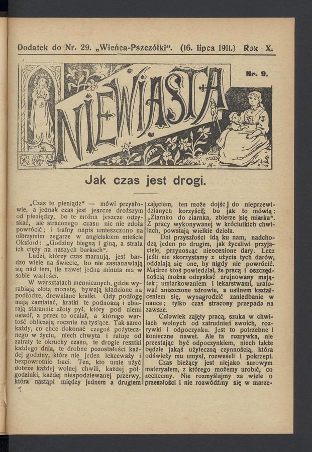 Niewiasta : dodatek do numeru&nbsp;29&nbsp;&bdquo;Wieńca-Pszcz&oacute;łki&rdquo;. Rok&nbsp;11, 1911, numer&nbsp;9