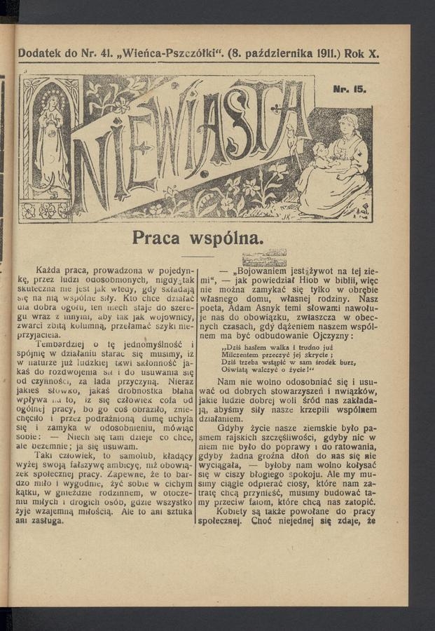Niewiasta : dodatek do numeru 41 „Wieńca-Pszczółki”. Rok 11, 1911, numer 15