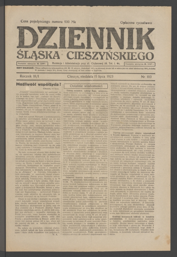 Dziennik Śląska Cieszyńskiego. Rocznik&nbsp;18/1, 1923, numer&nbsp;103
