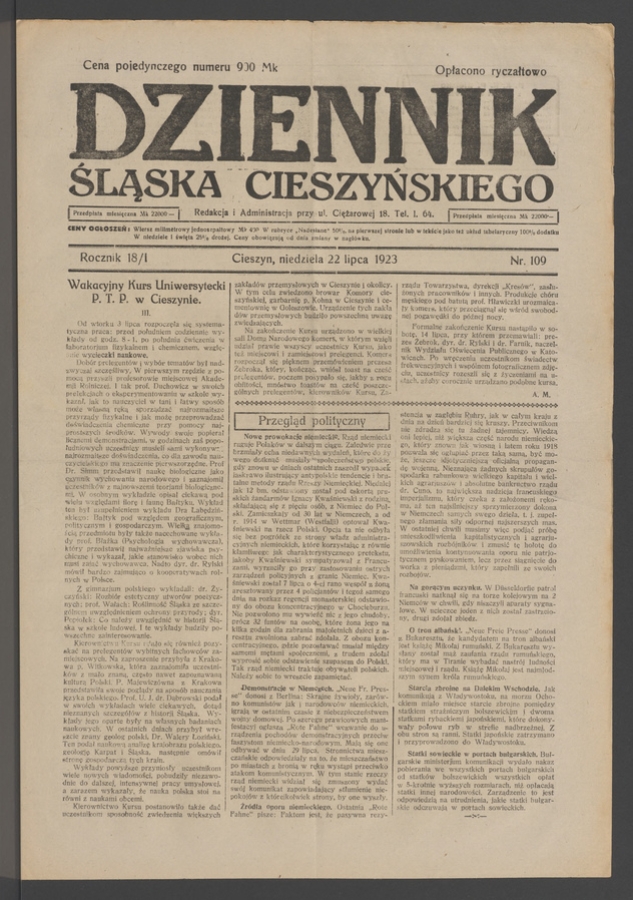 Dziennik Śląska Cieszyńskiego. Rocznik&nbsp;18/1, 1923, numer&nbsp;109