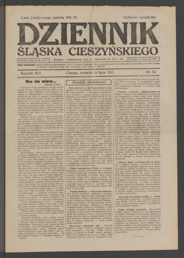 Dziennik Śląska Cieszyńskiego. Rocznik&nbsp;18/1, 1923, numer&nbsp;112