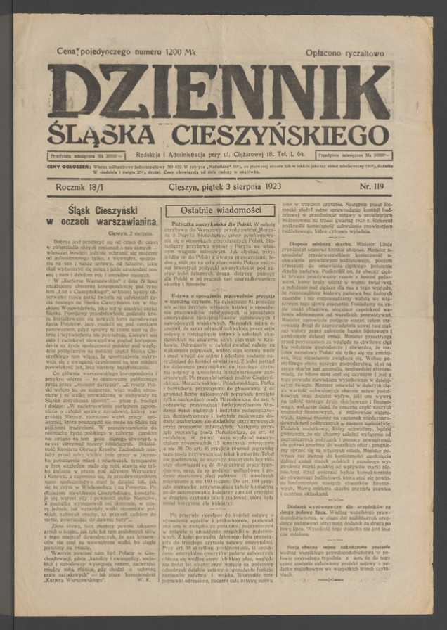 Dziennik Śląska Cieszyńskiego. Rocznik&nbsp;18/1, 1923, numer&nbsp;119