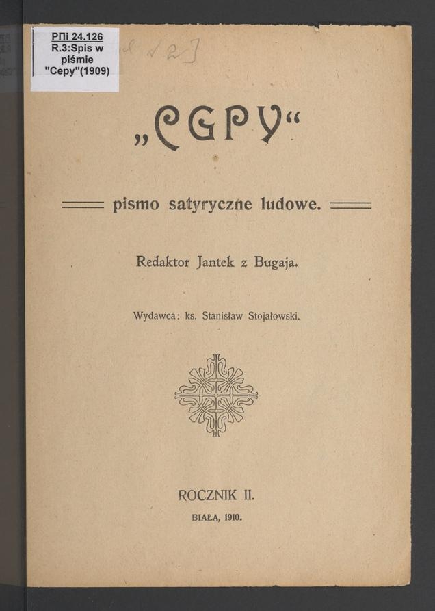 Cepy&nbsp;: pismo satyryczne ludowe. Rok&nbsp;3, 1909, spis przedmiot&oacute;w