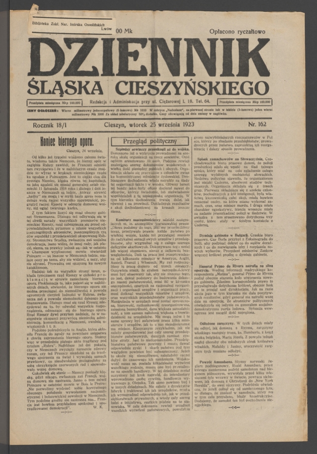 Dziennik Śląska Cieszyńskiego. Rocznik&nbsp;18/1, 1923, numer&nbsp;162