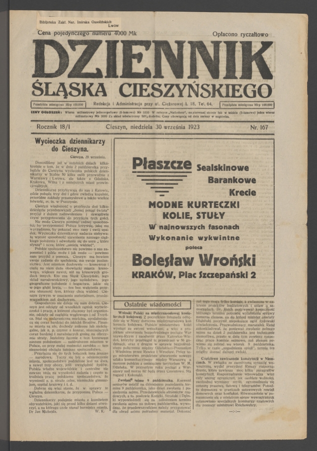 Dziennik Śląska Cieszyńskiego. Rocznik&nbsp;18/1, 1923, numer&nbsp;167