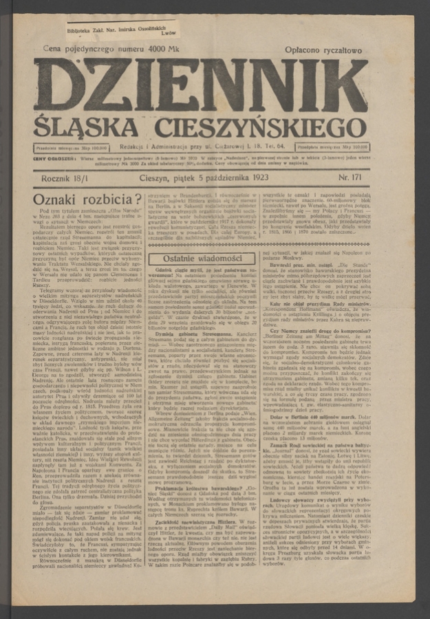 Dziennik Śląska Cieszyńskiego. Rocznik&nbsp;18/1, 1923, numer&nbsp;171