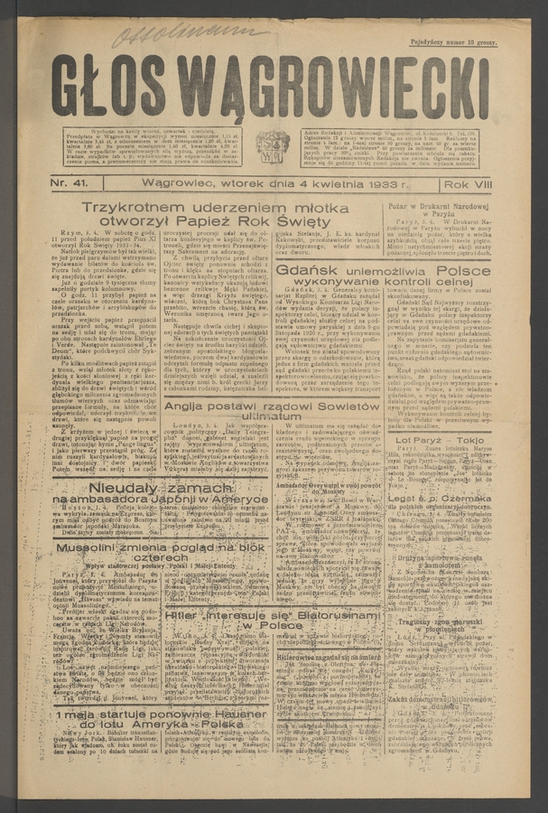 Głos Wągrowiecki. Rok 8, 1933, numer 41