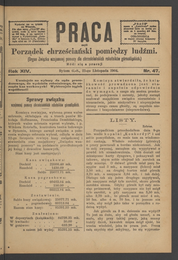 Praca,&nbsp;Czyli Porządek Chrześciański Pomiędzy Ludźmi&nbsp;: organ Związku Wzajemnej Pomocy dla&nbsp;Chrześciańskich Robotnik&oacute;w G&oacute;rnośląskich. Rok&nbsp;14, 1904, numer&nbsp;47