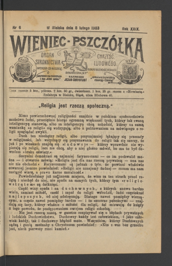 Wieniec-Pszcz&oacute;łka&nbsp;: organ Stronnictwa Chrześcijańsko-Ludowego. Rok&nbsp;29, 1903, numer&nbsp;6