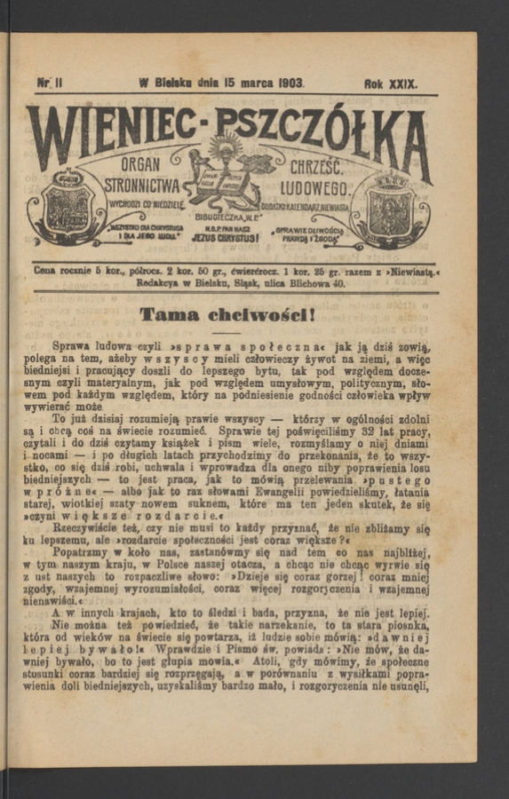 Wieniec-Pszcz&oacute;łka&nbsp;: organ Stronnictwa Chrześcijańsko-Ludowego. Rok&nbsp;29, 1903, numer&nbsp;11