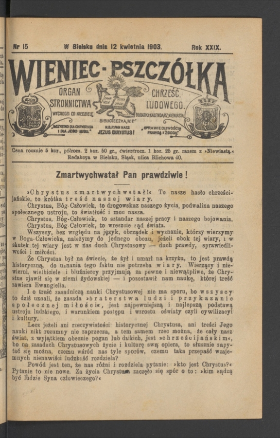 Wieniec-Pszcz&oacute;łka&nbsp;: organ Stronnictwa Chrześcijańsko-Ludowego. Rok&nbsp;29, 1903, numer&nbsp;15