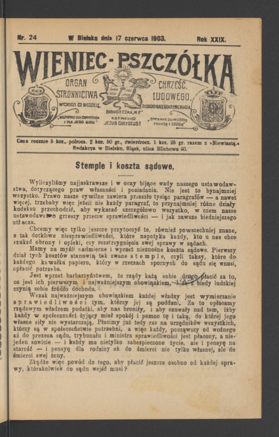 Wieniec-Pszcz&oacute;łka&nbsp;: organ Stronnictwa Chrześcijańsko-Ludowego. Rok&nbsp;29, 1903, numer&nbsp;24