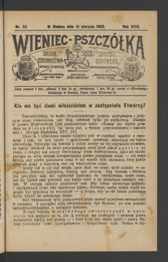 Wieniec-Pszcz&oacute;łka&nbsp;: organ Stronnictwa Chrześcijańsko-Ludowego. Rok&nbsp;29, 1903, numer&nbsp;33