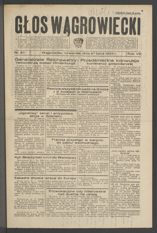 Głos Wągrowiecki. Rok 8, 1933, numer 87