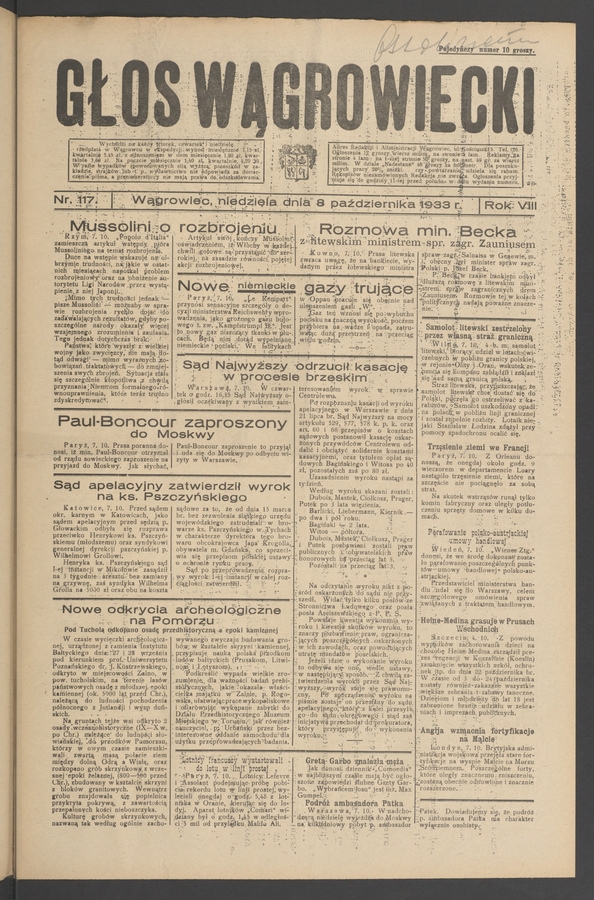 Głos Wągrowiecki. Rok 8, 1933, numer 117