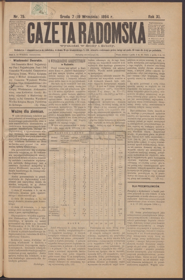 Gazeta Radomska. Rok&nbsp;11, 1894, numer&nbsp;75