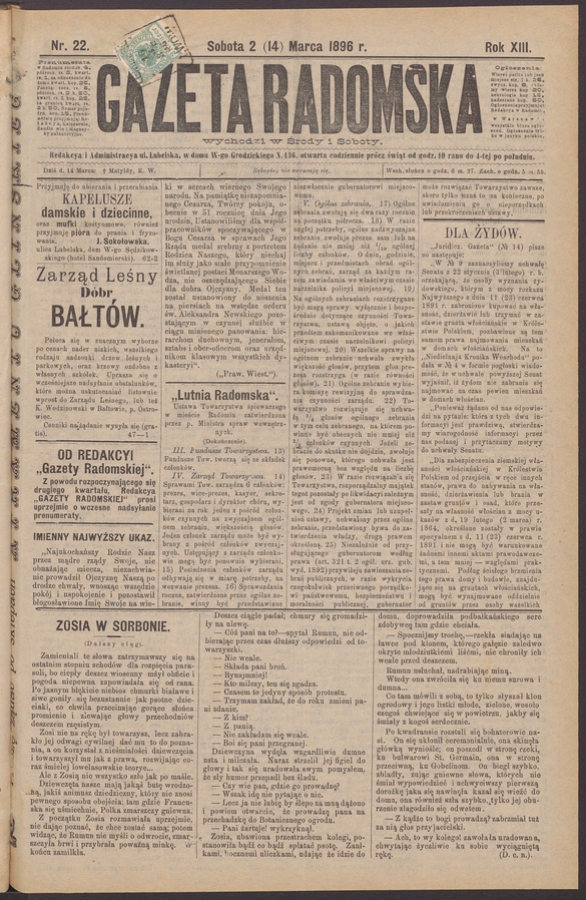 Gazeta Radomska. Rok&nbsp;13, 1896, numer&nbsp;22