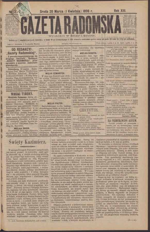 Gazeta Radomska. Rok&nbsp;13, 1896, numer&nbsp;27