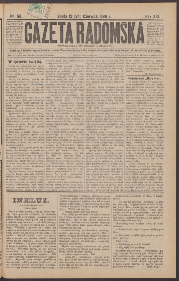 Gazeta Radomska. Rok&nbsp;13, 1896, numer&nbsp;50
